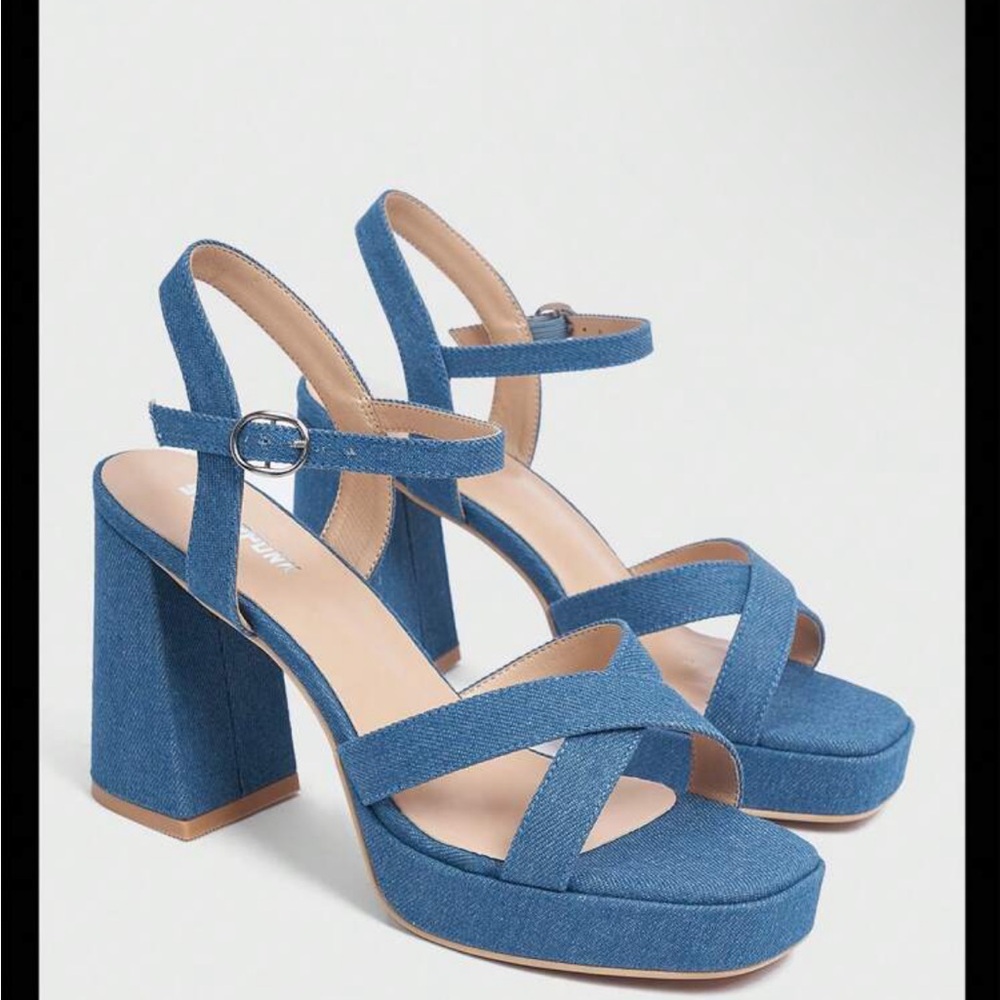 Stylish Blue Denim Block Heel Sandals